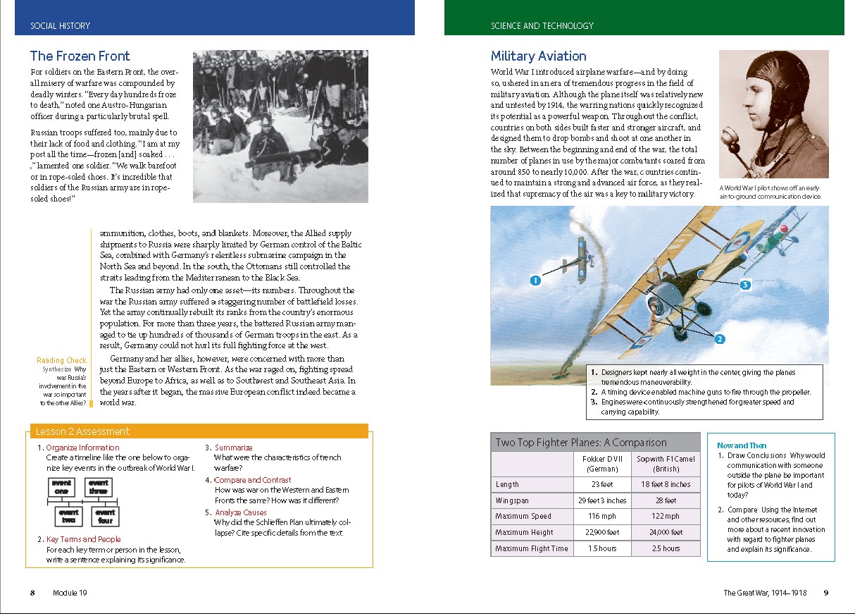 Page Social Studies book about World War II. It discusses the frozen front and military aviation.
