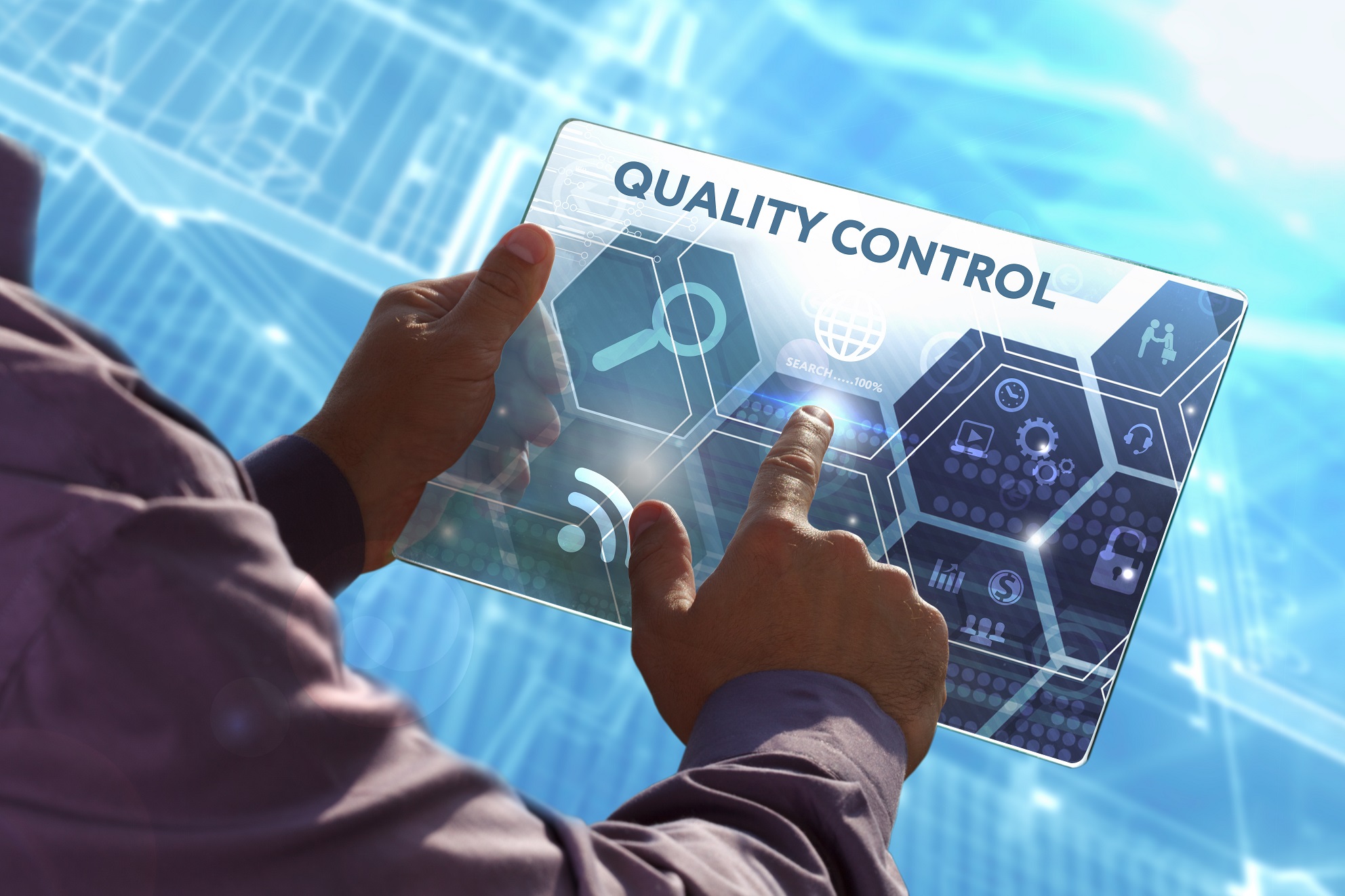 Person holding a tablet and pointing to the screen, which says quality control. The screen has images of a magnifying glass, gears, sound waves, and a lock.