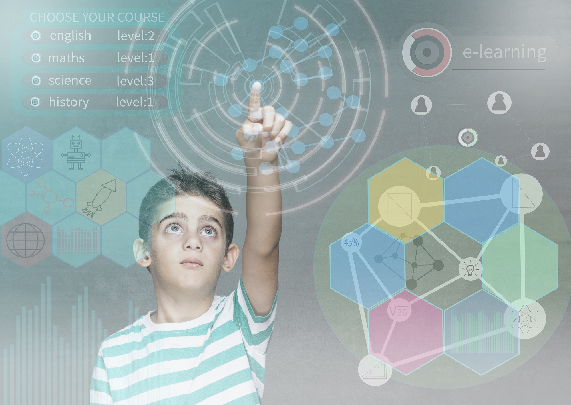 Child touching a window that has circles on it that states choose your course English level 2, maths level 1, science level 3, and history level 1. It has six hexagons forming a circle and circular images with various math shapes connected by lines sitting atop them.