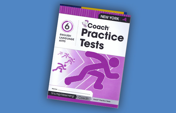 Book cover for Coach Practice Test English Language Arts, Grade 6. It has stick figures racing.