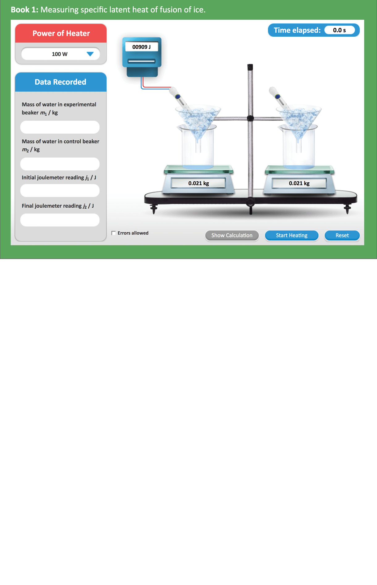 Sample science student book page measuring specific latent heat of fusion of ice