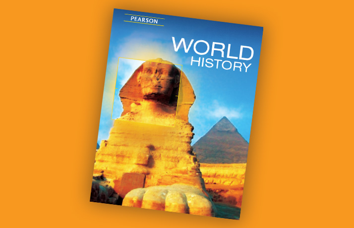 Book cover for Pearson's World History book. It has an image of the Great Sphinx of Giza.