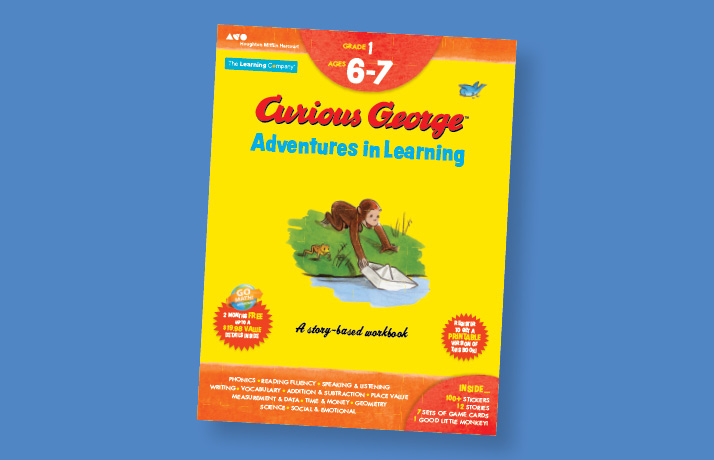 Book cover for Curious George Adventures in Learning. George is placing a raft into water.