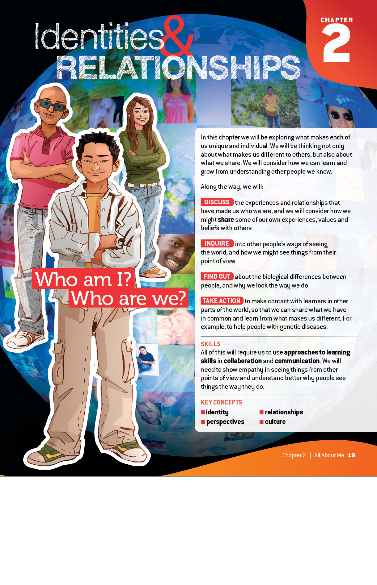 Sample student page from Language & Literature book about identities and relationships.