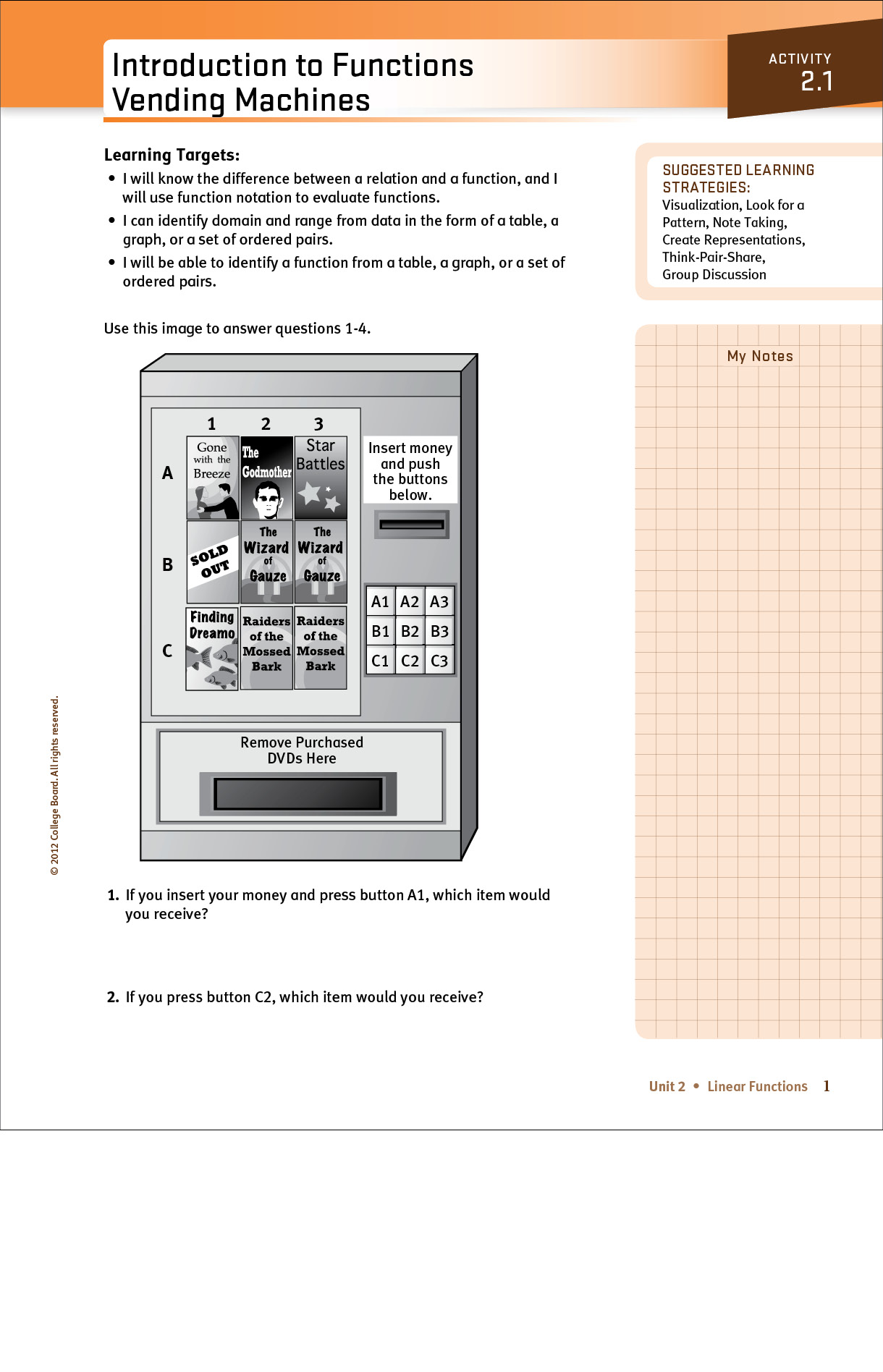 High school student algebra page introducing functions, using a vending machines problem as an example