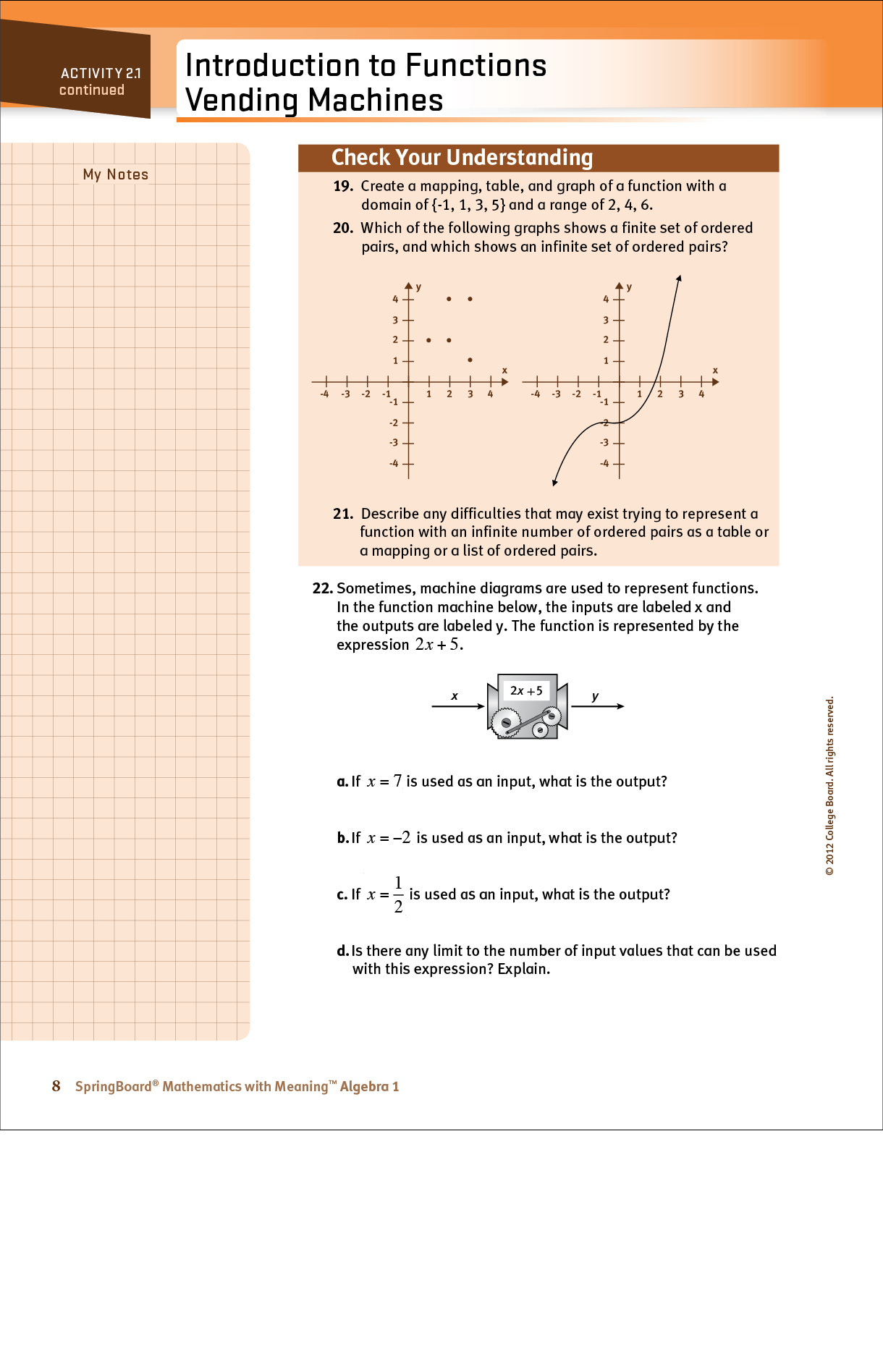 High school student alegbra page about inputs and outputs of functions
