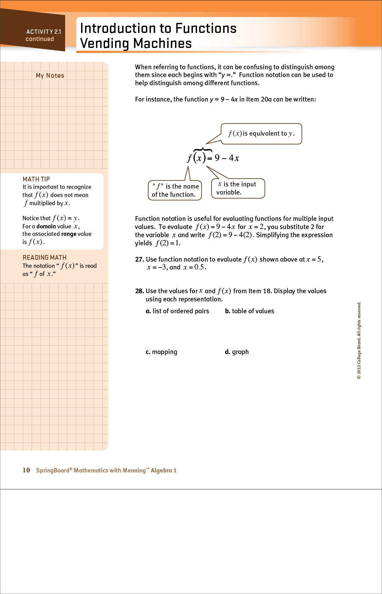 High school student algebra page about functions