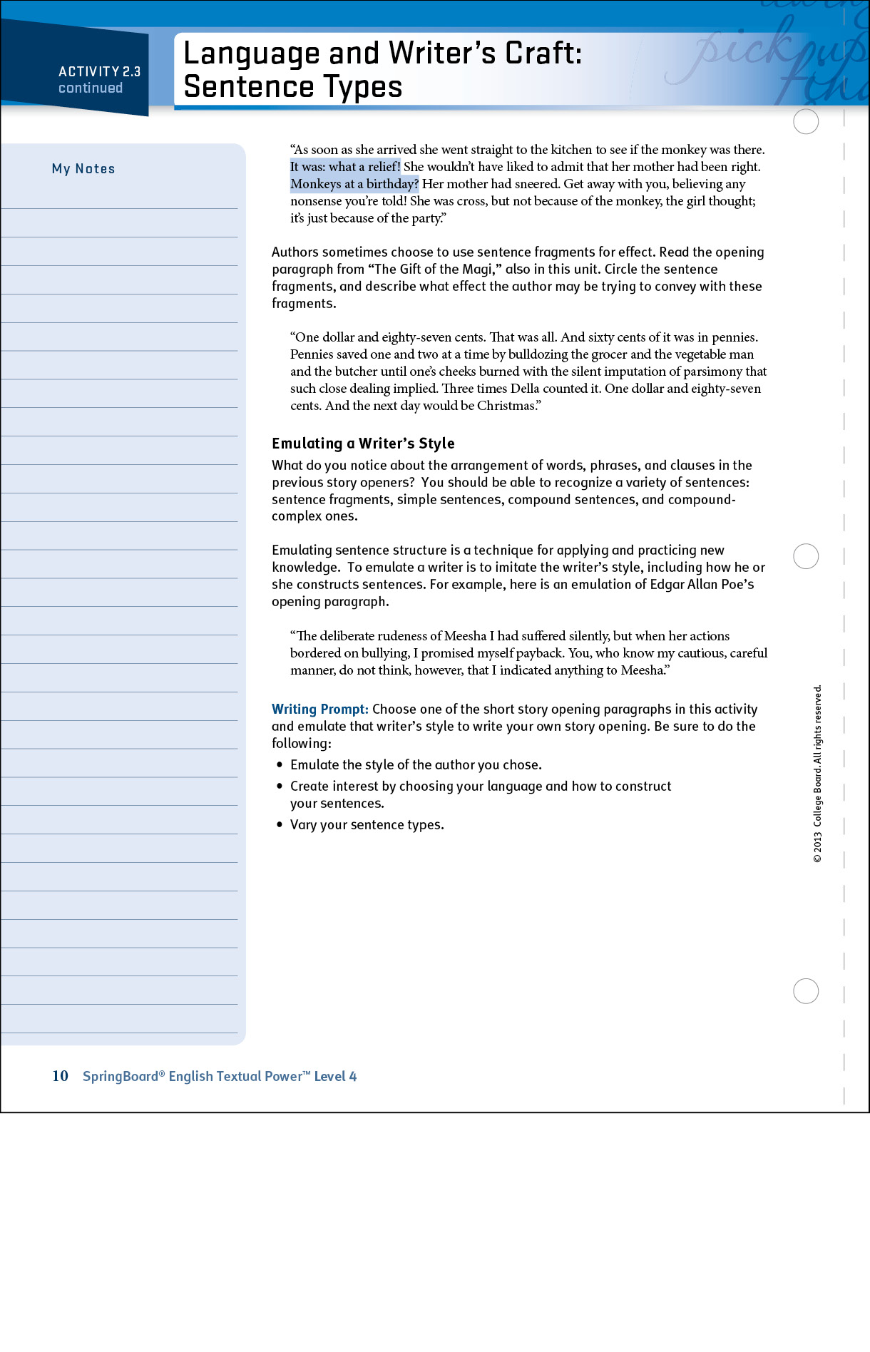Student page SpringBoard English Language Arts, Common Core Student Edition. It is about sentence types.