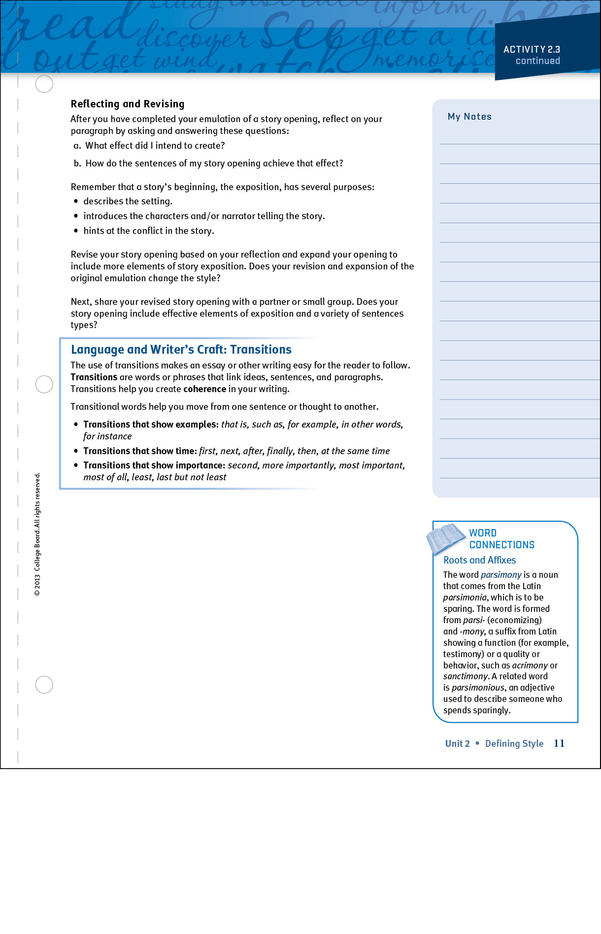 Student page SpringBoard English Language Arts, Common Core Student Edition. It is about reflecting, revising, and transitions.