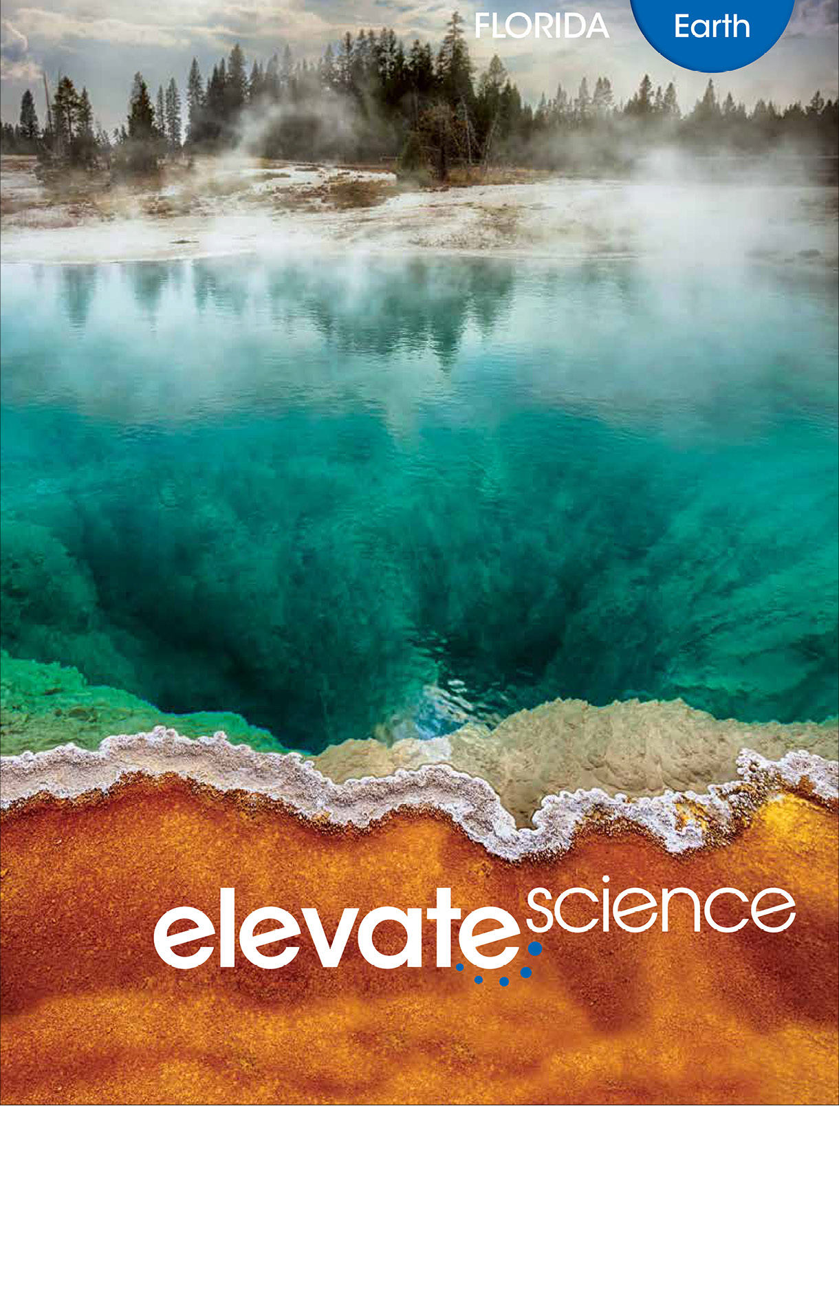 Book cover Elevate Science book. It has a body of water with fog coming out of it, surrounded by sand on one side and trees on another.
