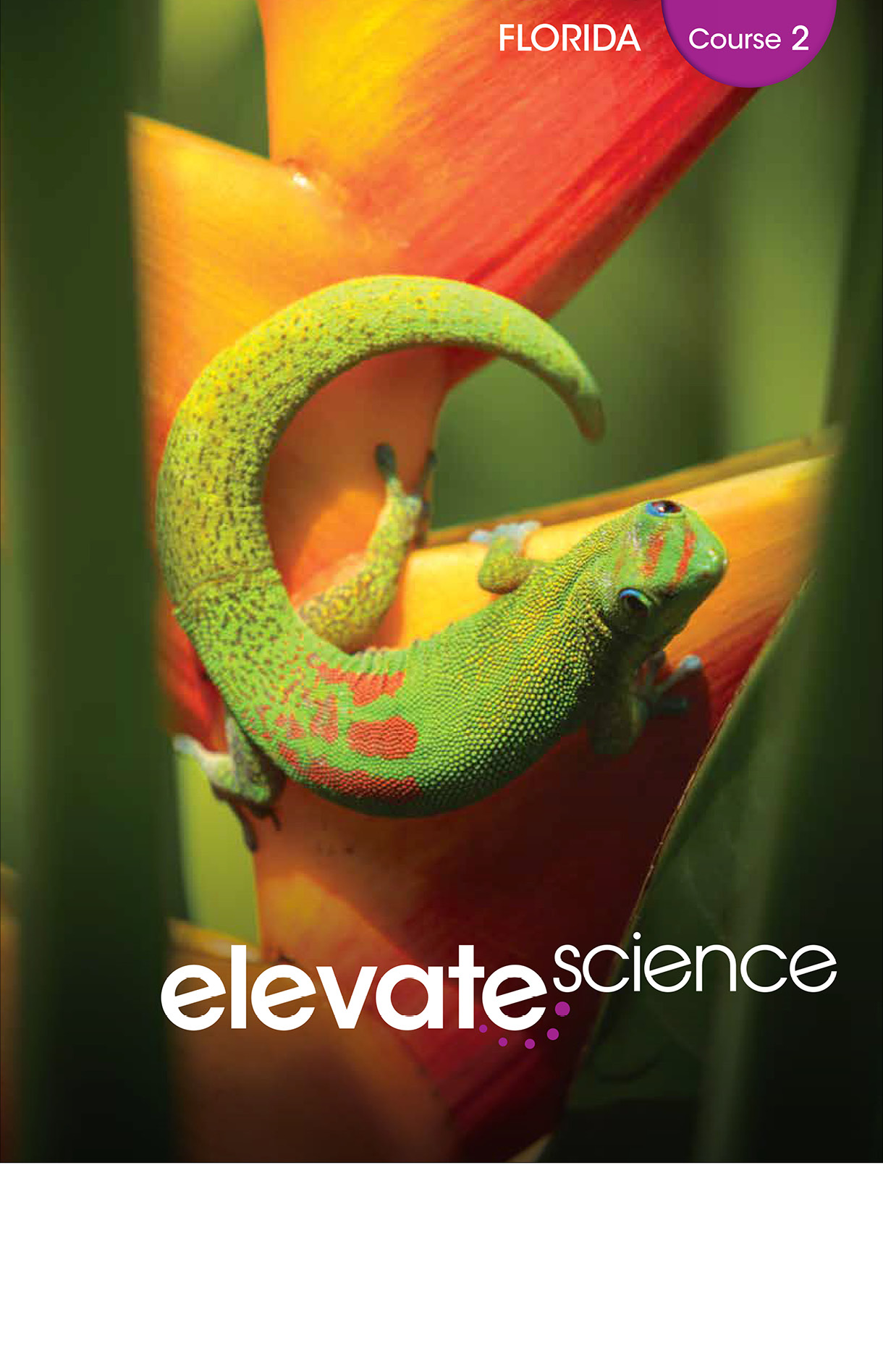 Book cover Elevate Science book. It has a green salamander sitting on an orange plant.
