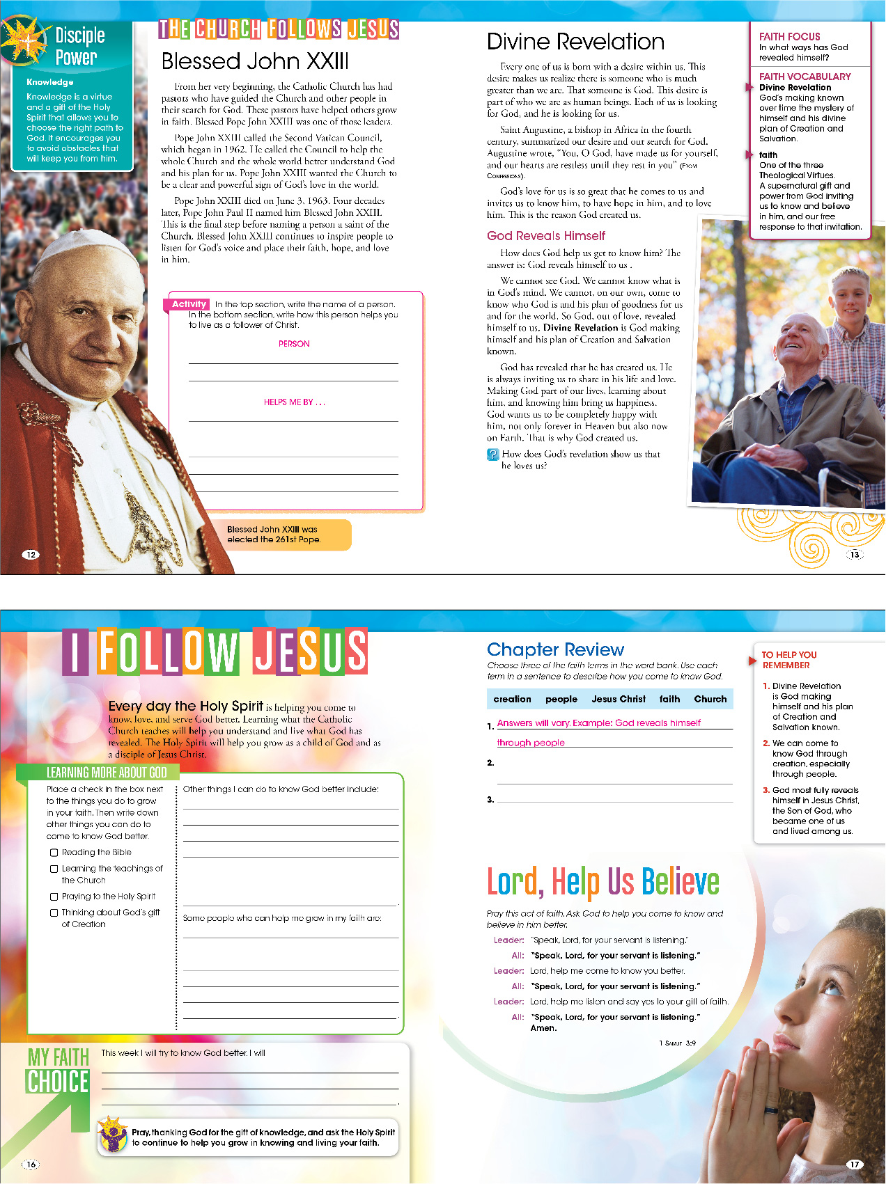 Four sample student book pages about the Pope, divine revelation, and following Jesus, with a chapter review from Be My Disciples