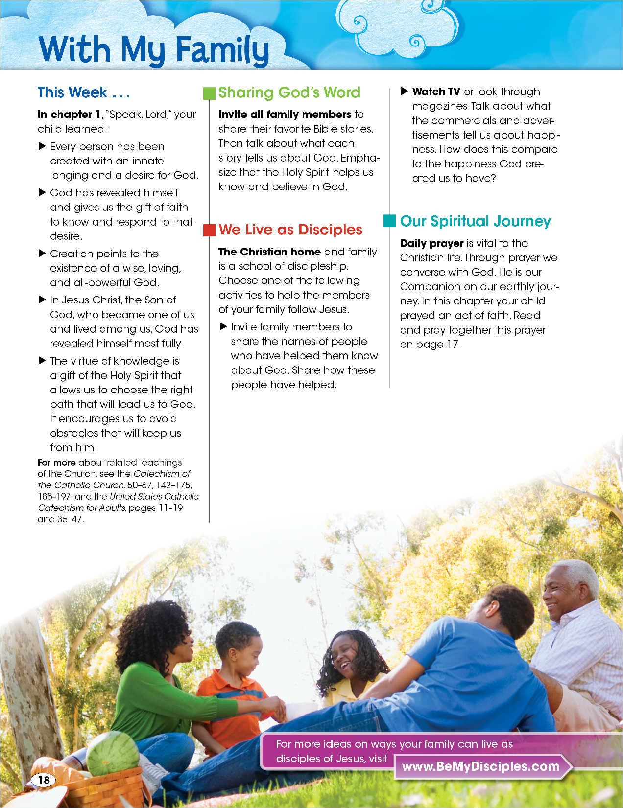 Sample student book page about being with family from Be My Disciples