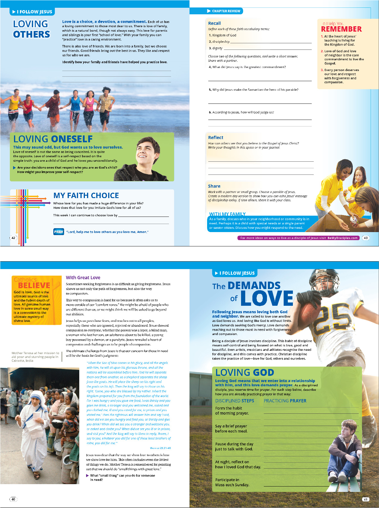 Four sample student book pages about love from Be My Disciples