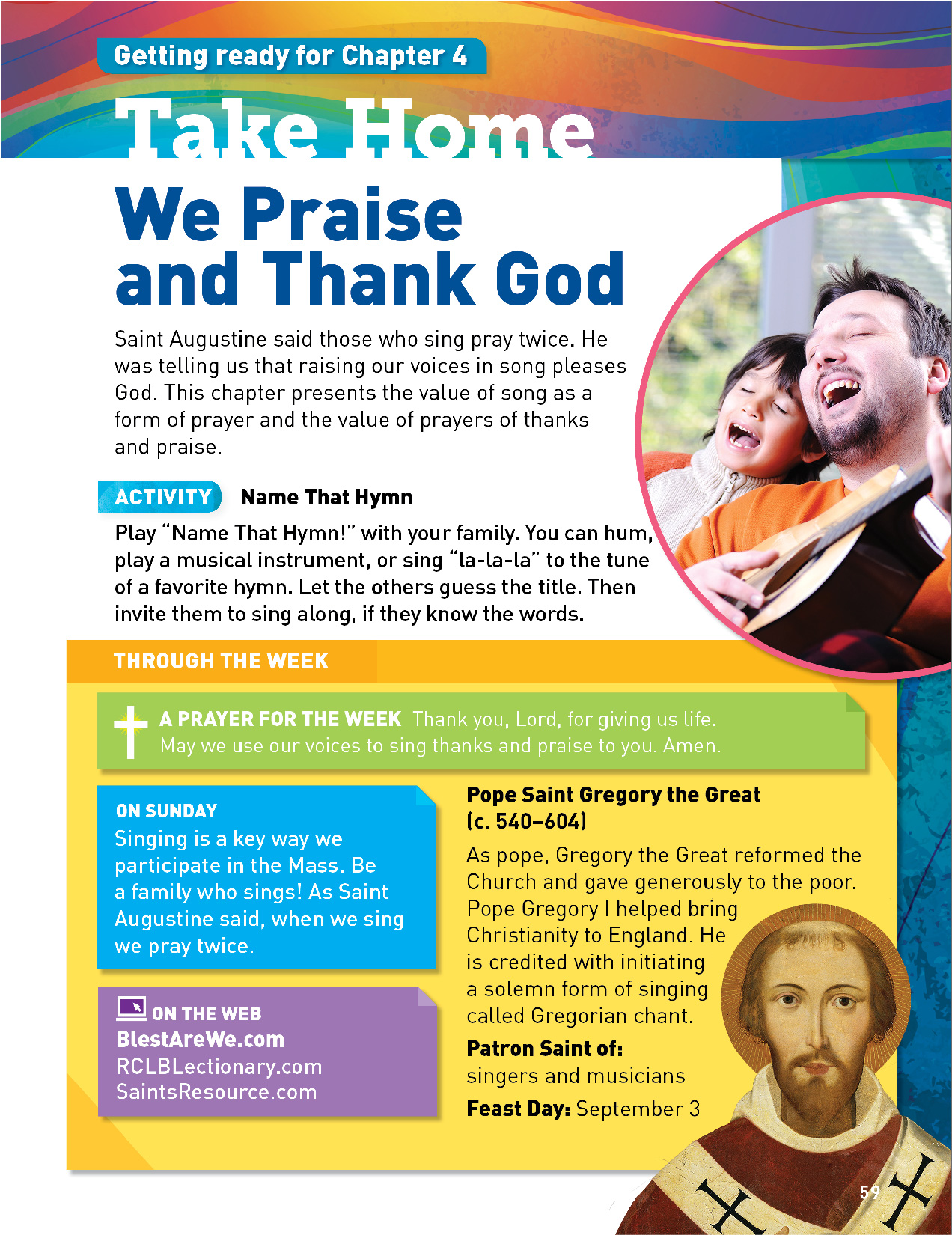 Student book page entitled "We Praise and Thank God" from of Blest Are We, Faith in Action