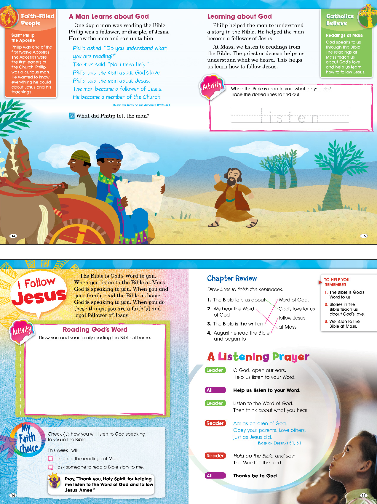 Sample page about learning from God, with a chapter review, from Be My Disciples